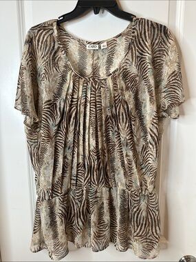Cato Brown & Cream Zebra-Print Pleated Peplum Blouse
